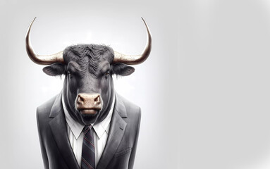 Bull with horns in a suit and white shirt. Portrait of a bull. Banner. Generated AI