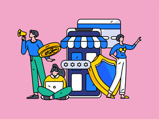 Festival shopping for e-commerce online shopping people holding flat arrow volume concept operation hand-drawn illustration
