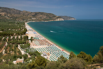 View looking north over the beach resort of Mattina with Gargano promontory in distance, Mattinata, Foggia Province, Puglia