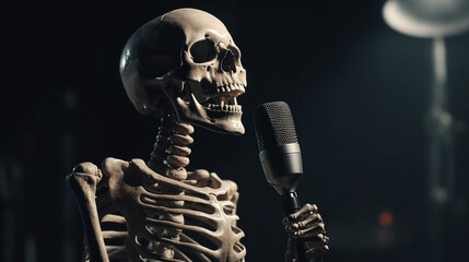 Human skeleton and microphone. Generative Ai - obrazy, fototapety, plakaty