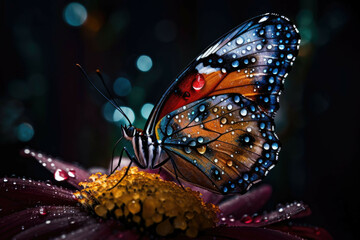 Fototapeta na wymiar A close up of a majestic and colorful butterfly perched on a vibrant flower, surrounded by dewdrops and glimmering sunlight - Generative AI