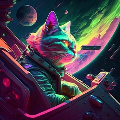 Katze, die ein Raumschiff durch eine Galaxie in der Farbe Day Glo steuert, mit neonrosa, blauen und grünen Planeten im Hintergrund. Das Foto sollte mit einem retro-futuristischen Aussehen und Gefühl s