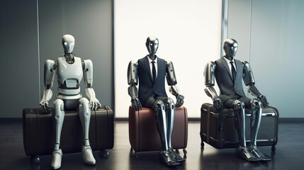 Robots sitting in a waiting room. Job interview. Generative Ai