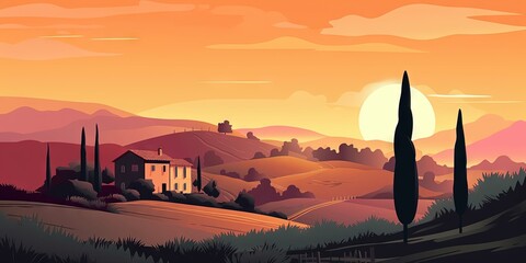 Fototapeta na wymiar Sunrise in Tuscany with a farmhouse and vineyard in view, Generative AI