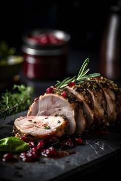 Roast pork with cranberry dip, basil, coriander and rosemary. (Generative ai)