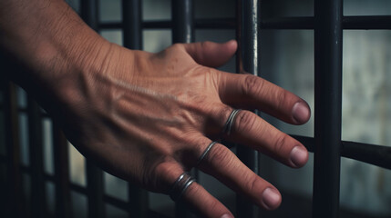 Fototapeta na wymiar Male hand with a bars of the prison. Generative Ai