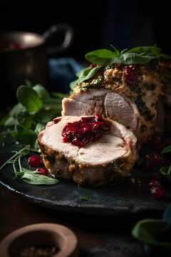 Roast pork with cranberry dip, basil, coriander and rosemary. (Generative ai)