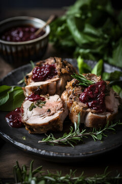 Roast pork with cranberry dip, basil, coriander and rosemary. (Generative ai)