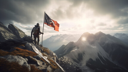 Hiker with a flag on top of the mountain. Generative Ai