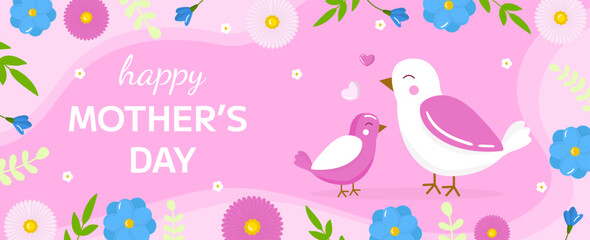 Vector frame happy mother's day greeting card template banner. Spring holiday poster with birds and flowers on pink background. Horizontal backdrop invitation, flyer, brochure for event
