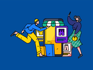 Festival shopping for e-commerce online shopping people holding flat arrow volume concept operation hand-drawn illustration
