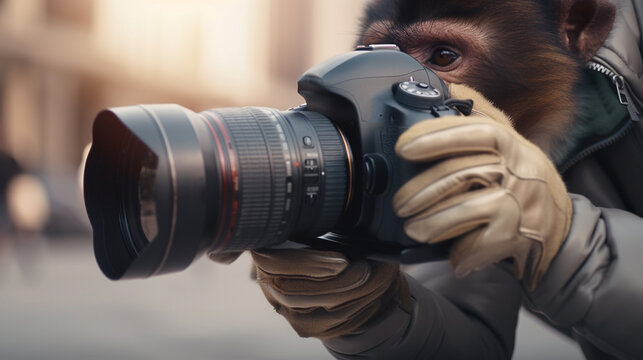Monkey taking photo with a camera. Generative Ai