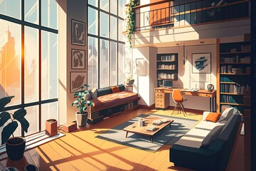 Illustration of modern light apartment with big windows and open space. Generative AI