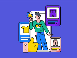 Festival shopping for e-commerce online shopping people holding flat arrow volume concept operation hand-drawn illustration
