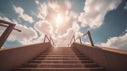 Staircase leading up to the sky with sun rays and clouds. Generative Ai