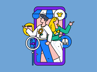 Festival shopping for e-commerce online shopping people holding flat arrow volume concept operation hand-drawn illustration
