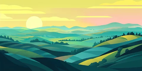 Foto op Aluminium A flat cartoon style background features a beautiful landscape with green hills and a blue sky at dawn, Generative AI © Oleksii