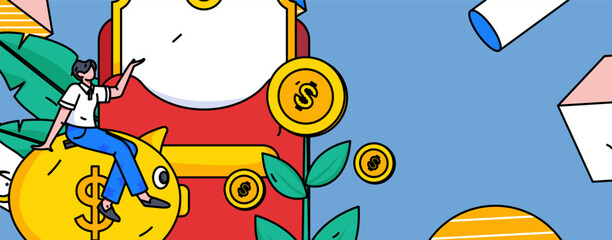 Festival shopping for e-commerce online shopping people holding flat arrow volume concept operation hand-drawn illustration
