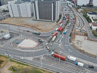 航空撮影した大阪市の住之江区の都市景観の全景