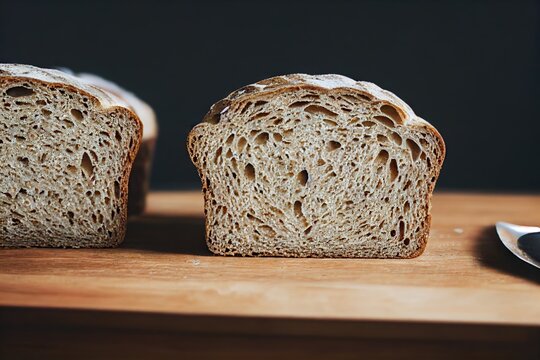 Soft cut loaf of sourdough bread with porous aromatic pulp, created with generative ai