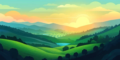 Zelfklevend Fotobehang A flat cartoon banner of summer fields landscape with green hills, blue sky, and country background, Generative AI © Oleksii