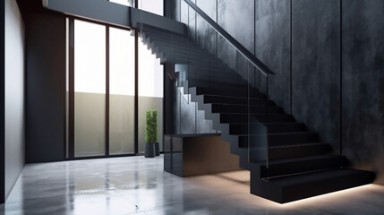 モダンでエレガントなU字型の黒いセメント石の階段、窓のある踊り場の階段、強化ガラスパネル、ステンレス鋼の手すり、磨かれたコンクリートの壁のホール、カーペット