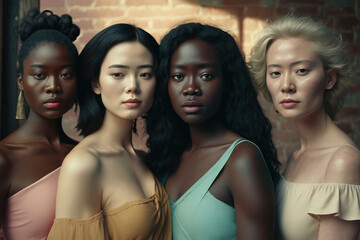 Many diverse ethnic groups, different young people group. Diverse women looking at the camera. Generative ai