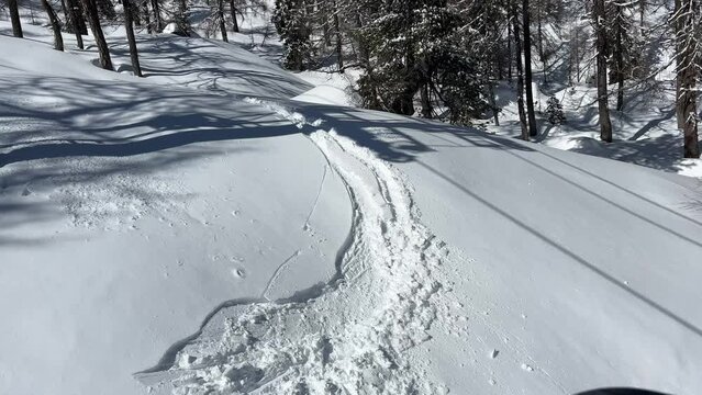 dancing shadows of chairlift in snow and ski tracks
