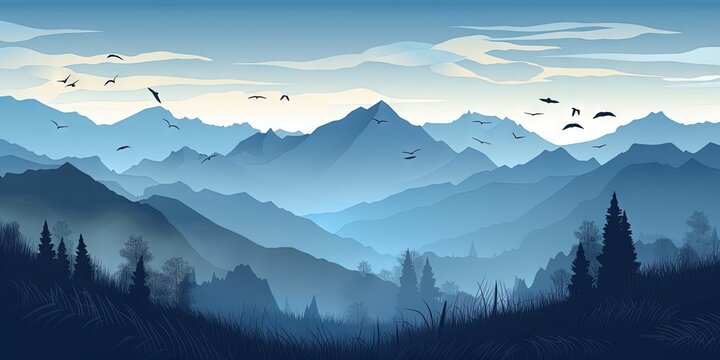 A landscape with blue mountain silhouettes in a vector format, Generative AI
