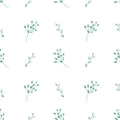 Fototapeta na wymiar Seamless leaves pattern. Watercolor background with abstract green plan with leaves and stem for textile, wallpapers, home decor