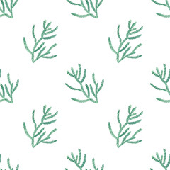 Seamless floral pattern. Watercolor background with abstract green plants and stem, coral for textile, wallpapers, home decor