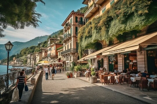 Como City Waterfront, Leisurely Stroll, Vibrant Cafes, Shops, Historic Buildings, Generative AI