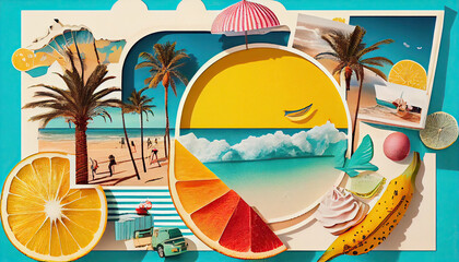 travel concept, colorful retro style graphics, summer vacational journey, ai generated