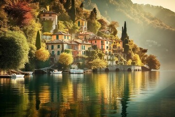 Lake Como's Crystal-Clear Waters, Lush Greenery, Charming Villas, Quaint Towns, Generative AI