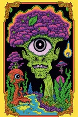 psychedelic 1970 of groovy posters. Cool posters with persons, quirky characters, dudes. Punk rock square postcard in hippie style. Funky 70s good vibes,trippy art. Modern naive concept. Generative AI