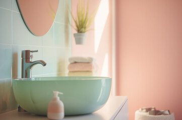 Fototapeta na wymiar Pastel colored retro vintage bathroom. Generative AI