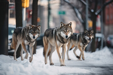 Fototapeta premium A pack of wolves in the city. Generative AI