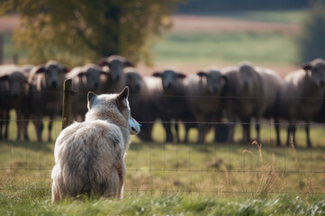 Wolf watching herd of sheep on the meadow. Generative AI - 583898759