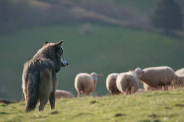 Wolf watching herd of sheep on the meadow. Generative AI - 583898786