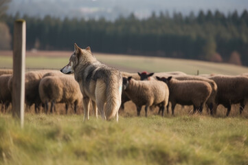 Wolf watching herd of sheep on the meadow. Generative AI
