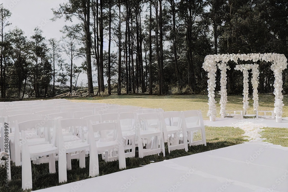 Sticker Romantic event in nature white wedding arch with chairs and walkway, created with generative ai