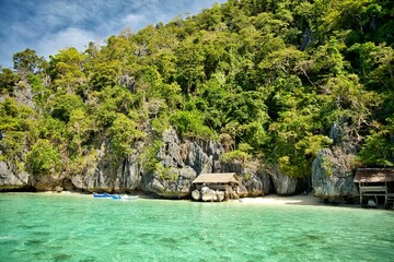 A paradisiacal beach cove in Coron, Palawan in the Philippines with turquoise water and a hill covered with trees.