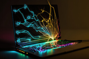 Laptop on the table, neon lightning. AI generative.