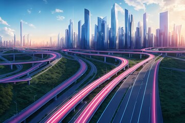 Fototapeta na wymiar futuristic modern future city with highway road, generative art by A.I.