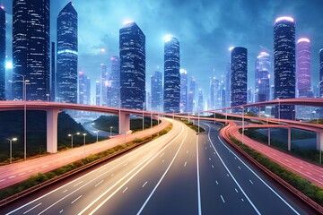 Fototapeta na wymiar futuristic modern future city with highway road at night, generative art by A.I.