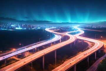 futuristic modern future city with highway road at night, generative art by A.I.