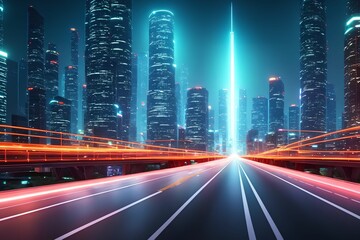 Fototapeta na wymiar futuristic modern future city with highway road at night, generative art by A.I.