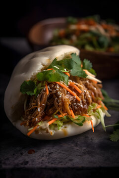 Pulled pork in a Bao Bao roll. (Generative ai)