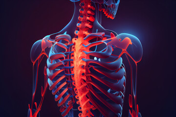 illustration of human spine backbone in red color pain and ill concept. AI - obrazy, fototapety, plakaty
