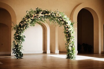 Lush white wedding arch with roses and green leaves for indoor celebration, created with generative ai